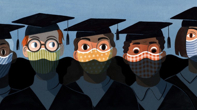 Illustration of students in caps and gowns as oil overwhelms the frame.