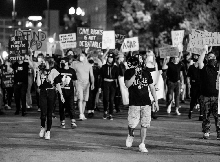 Bear Alexander leading a march in Omaha, Neb. on Aug. 29, 2020.