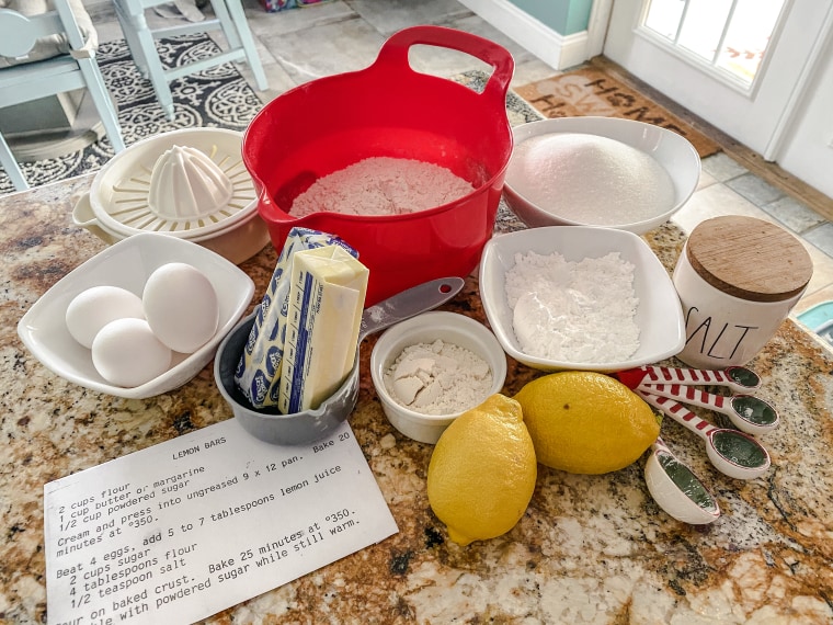 The simple ingredients in Grandma Caroline's recipe: flour, butter, sugar, salt, lemon juice, eggs and powdered sugar.