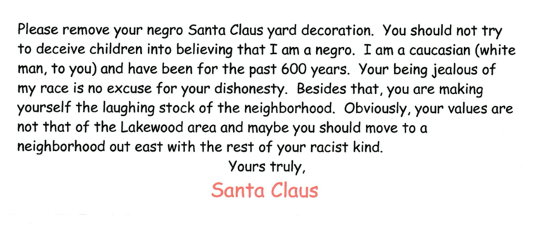 Kennedy said he received this note in the mail after he put a Black Santa Claus statue on his lawn. 
