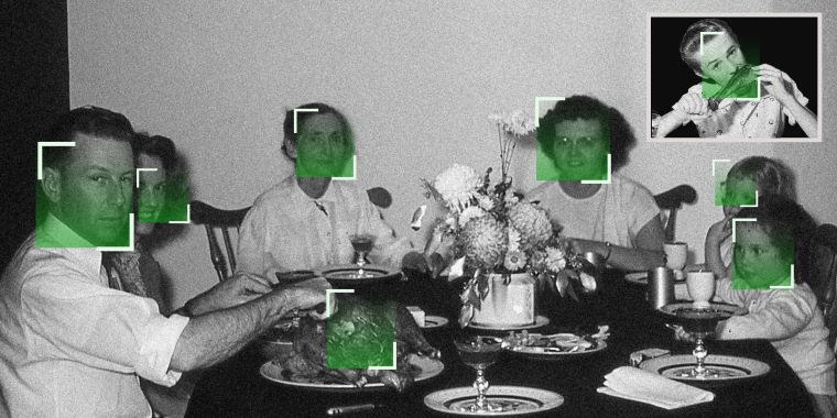 Image: Vintage image of a family having a thanksgiving meal juxtaposed with the image of another family member in a window having a meal. Each face has a green face scanning rectangle.