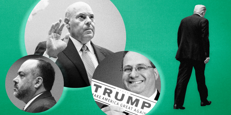 Image: Postmaster General Louis DeJoy, Henry Kerner, and Trey Trainor in bubbles as President Donald Trump walks away on a green background.