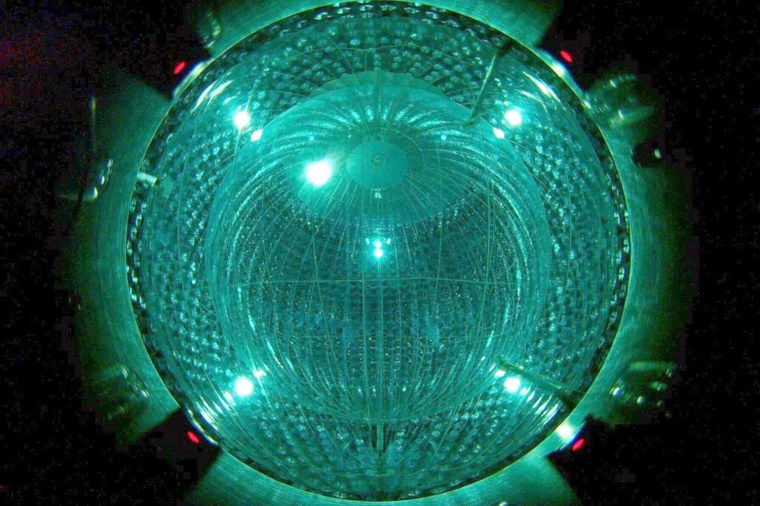 The two nylon vessels in the core of Borexino filled with water during the initial operation of the detector.