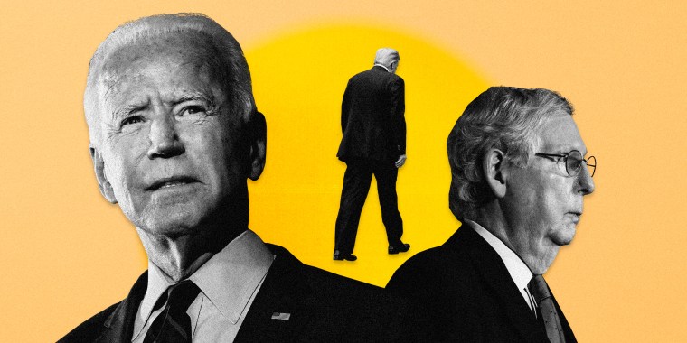IMage: Joe Biden and Mitch McConnell and Donald Trump walks off into a setting (or rising?) sun.