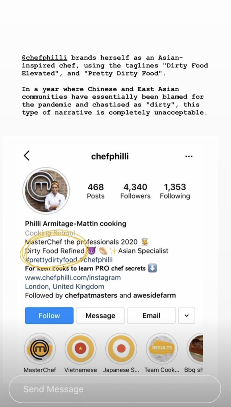 Kwan highlighted Armitage-Mattin's original Instagram bio in a screenshot. 