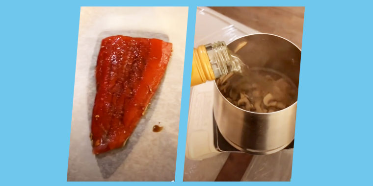 In one of his viral videos, Jago Randles uses the hotel room's clothes iron to sear a piece of salmon.