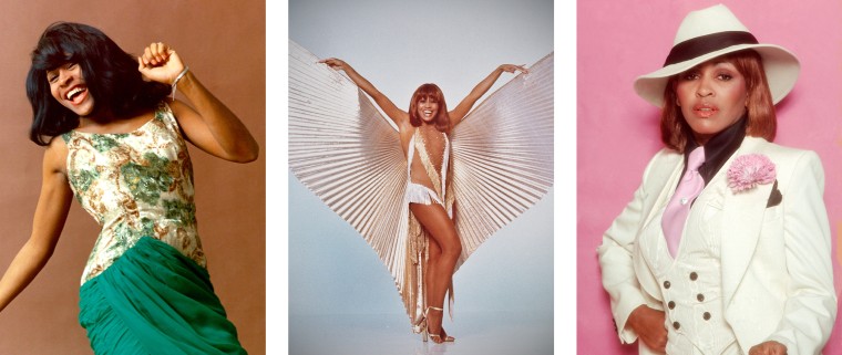 Image: Tina Turner in 1964; Turner in a winged-costume designed by Bob Mackie in 1977; and Turner during a portrait session in 1977.