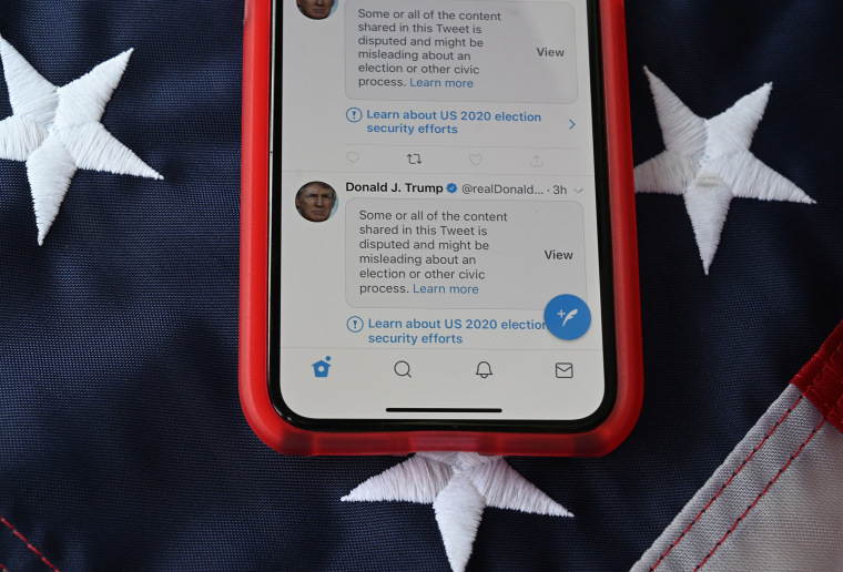 Image: Tweets from President Donald Trump masked with warnings imposed by Twitter stating that they may be incorrect