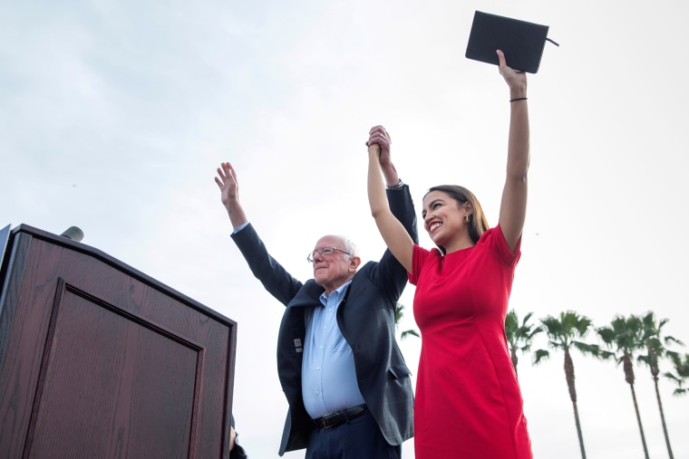 Sen. Bernie Sanders and Rep. Alexandria Ocasio-Cortez during a campaign rally in Los Angeles in 2019.