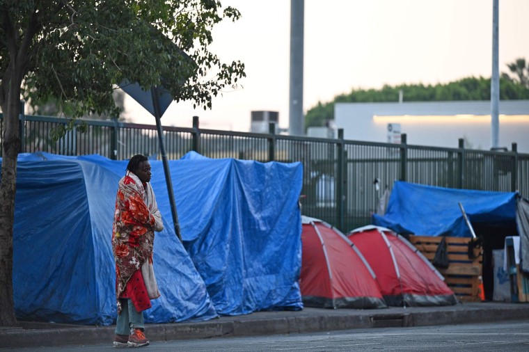 A homeless man stands outside tents on Skid Row on Nov. 25, 2020 in Los Angeles.