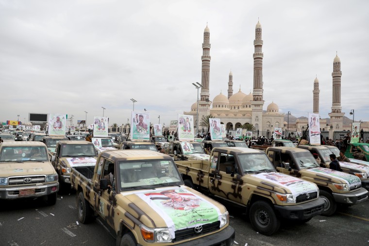 Image: Trucks carry coffins of Houthi fighters killed in recent fighting against forces of the internationally-recognized government, during a funeral in Sanaa