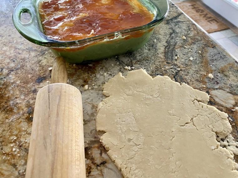 The recipe calls for some batter to be kept aside, to be mixed with flour to form a lattice crust.