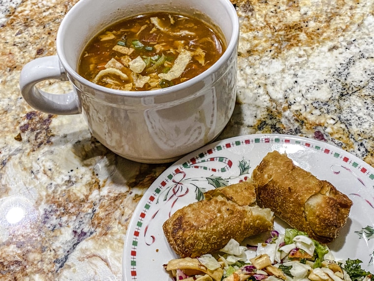 I served the soup alongside store-bought egg rolls and a chopped salad.