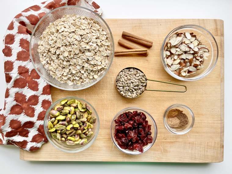 First, assemble all your ingredients — including but not limited to oats, nuts, seeds and dried fruit.