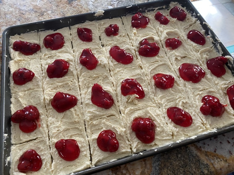 My cherry bars, scored and ready for the oven.