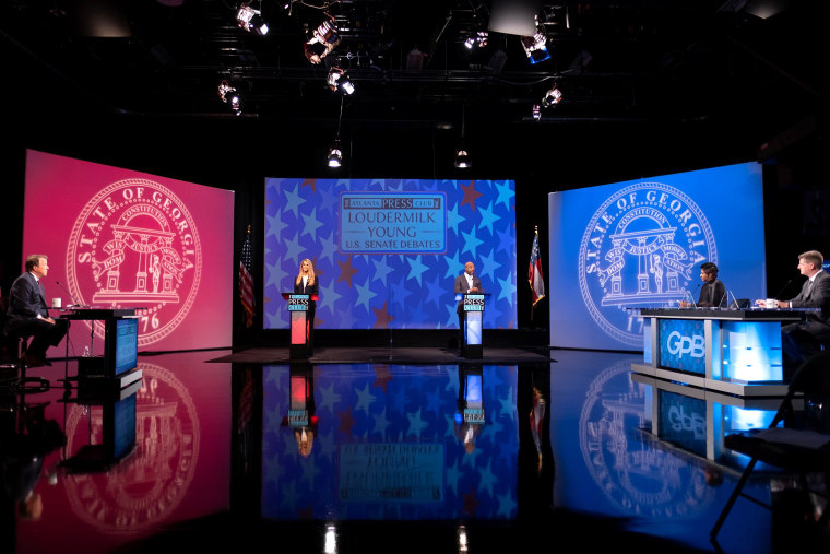 Image: Debate between Democratic challenger Raphael Warnock and Republican incumbent, Senator Kelly Loeffler for U.S. Senate seat representing Georgia