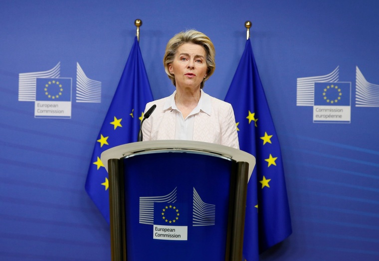 Image: European Commission President Ursula von der Leyen gives a statement at the European Commission in Brussels