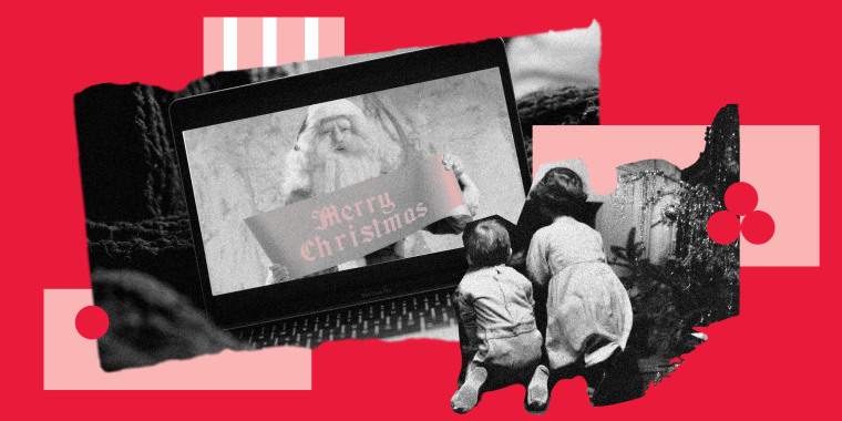 Image: Collage of vintage images of children looking at a laptop with Santa holding a card that reads,\"Merry Christmas\".
