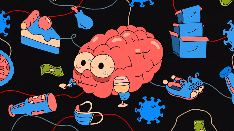 Image: A brain smoking a cigarette and drinking wine appears stressed while various objects (money, mask, coronavirus spore, beer, cake, Amazon boxes) float around him.
