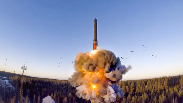 A ground-based intercontinental ballistic missile is launched from the Plesetsk facility in northwestern Russia on Dec. 9, 2020.
