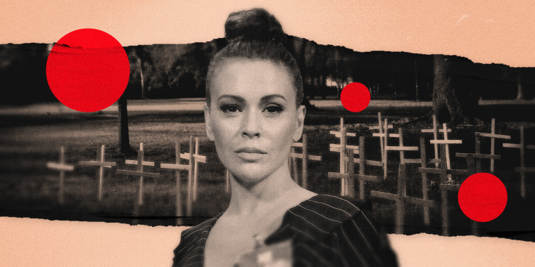 Image: Alyssa Milano on a cut out photo of crosses marking those who died of Covid in Louisiana, with red dots floating.