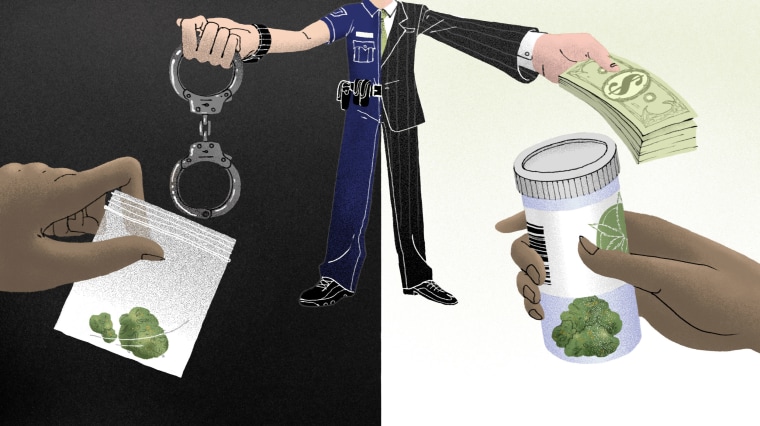 Image: A splitscreen of a police officer holding handcuffs and a man holding a stack of cash; on either side: a Black person's hand holding a baggie of marijuana and a Black person's hand holding dispensary marijuana