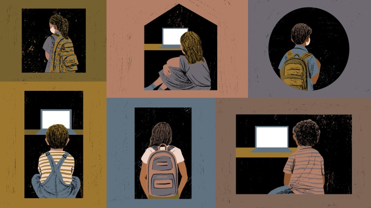 Image: Drawings of children alone in various windows, some looking at laptops, others have backpacks and wearing masks.