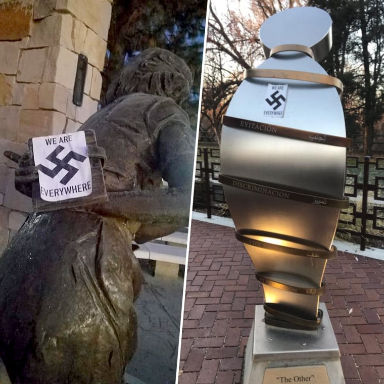 The Wassmuth Center for Human Rights said stickers with swastika symbols were placed throughout the Anne Frank Human Rights Memorial in Downtown Boise overnight on Tuesday.