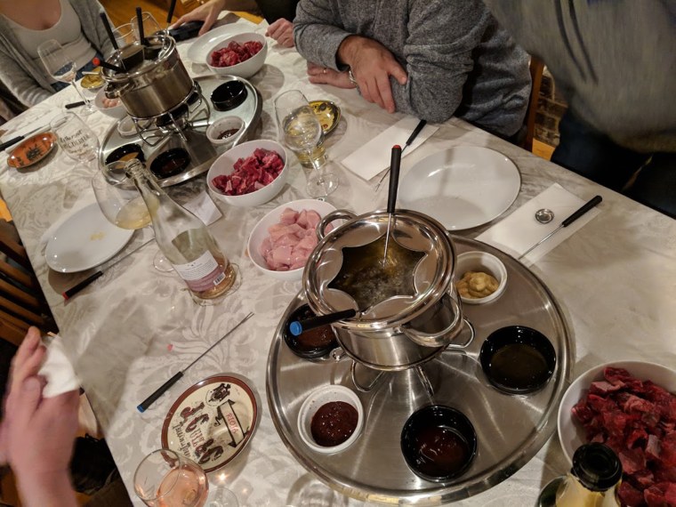 The author's New Year's Eve 2020 fondue spread.