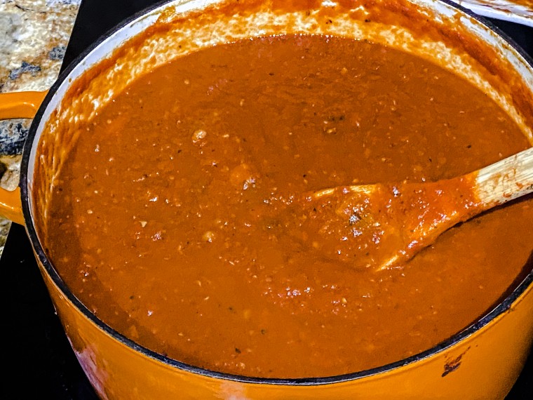 Francesca Castiglione's famous pasta sauce after simmering on my own stove for eight hours.