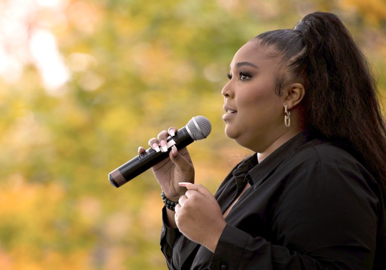 Lizzo speaks to the crowd while at a campaign event in Detroit for Joe Biden and Kamala Harris on Oct. 23, 2020 in Detroit.