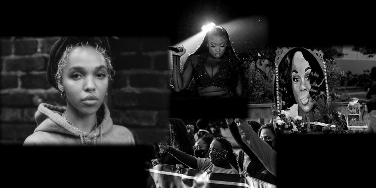 Image: Clockwise from left; photos of FKA twigs, Megan Thee Stallion at a concert, Portrait of Breonna Taylor lined up with flowers, African-American women lined up during a protest march.