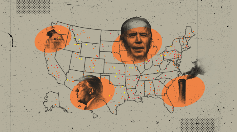 Image: A map of the United States shows dots for Superfund site locations, with large orange ovals showing Joe Biden, Donald Trump, an EPA worker and a smokestack.