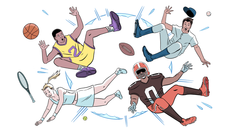 A basketball player, a tennis player, a football player and a baseball player fall from a popped bubble.