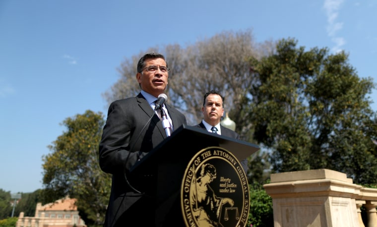 California Attorney General Xavier Becerra speaks about President Trump's proposal to weaken national greenhouse gas emission and fuel efficiency regulations, at a media conference in Los Angeles