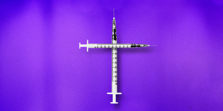 Image: Syringes form a cross on a soft purple background with glass texture.