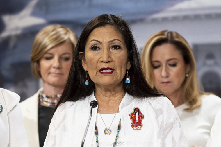 Rep. Deb Haaland, D-N.M., speaks at the Democratic Women's Caucus press conference on Feb. 4, 2020.