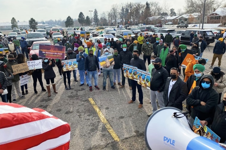 People partook in a car caravan to protest India's new agricultural laws in Denver on Dec. 13, 2020.