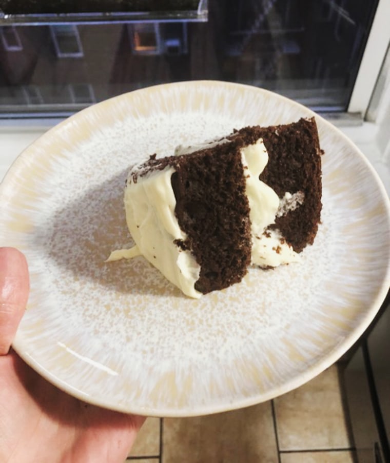 A box of instant pudding made this cake delightfully moist and spongy. Next time I'll remember not to frost the cake before it's cooled, though. 