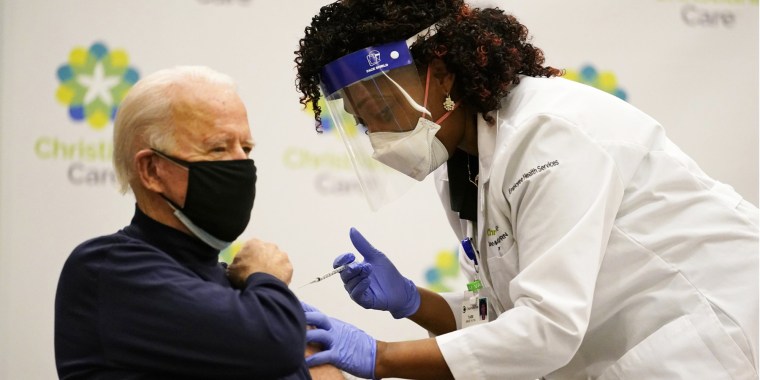 President-elect Joe Biden receives his first dose of the coronavirus vaccine at Christiana Hospital in Newark, Del., on Dec. 21, 2020.