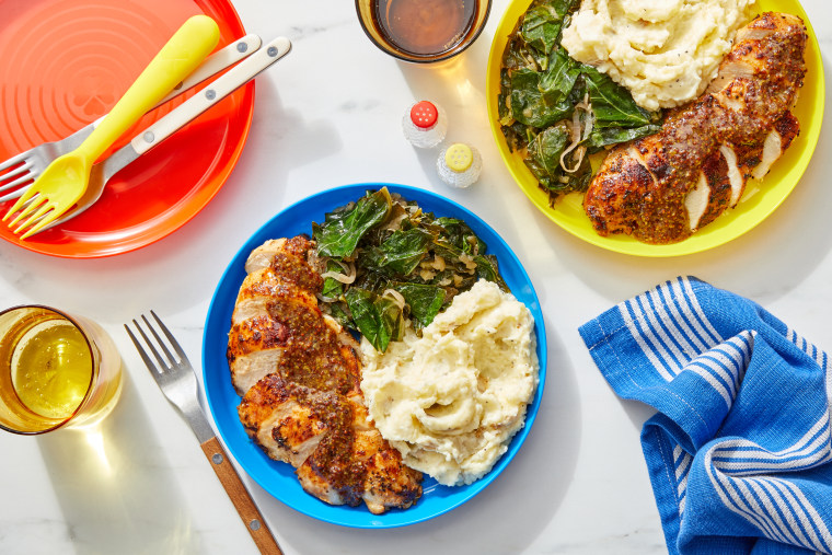 Blue Apron's Harmonic Pan-Roasted Chicken and Honey Mustard with buttermilk smashed potatoes and collard greens, available the week of Dec. 28.