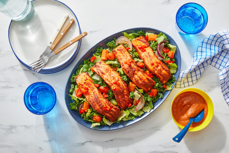 Blue Apron's Smooth Salmon and Homemade BBQ Sauce with roasted vegetable, Romaine and kale salad, available the week of Jan. 11.