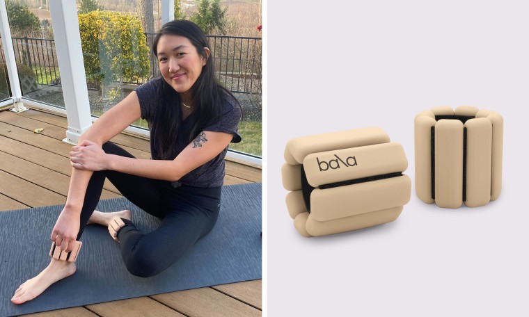 Illustration of Bala weights, and TODAY editor wearing Bala weights on her ankles while posing