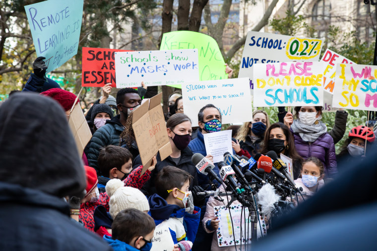 A "Keep New York City Schools Open" rally earlier this year that Daniela Jampel helped organize.