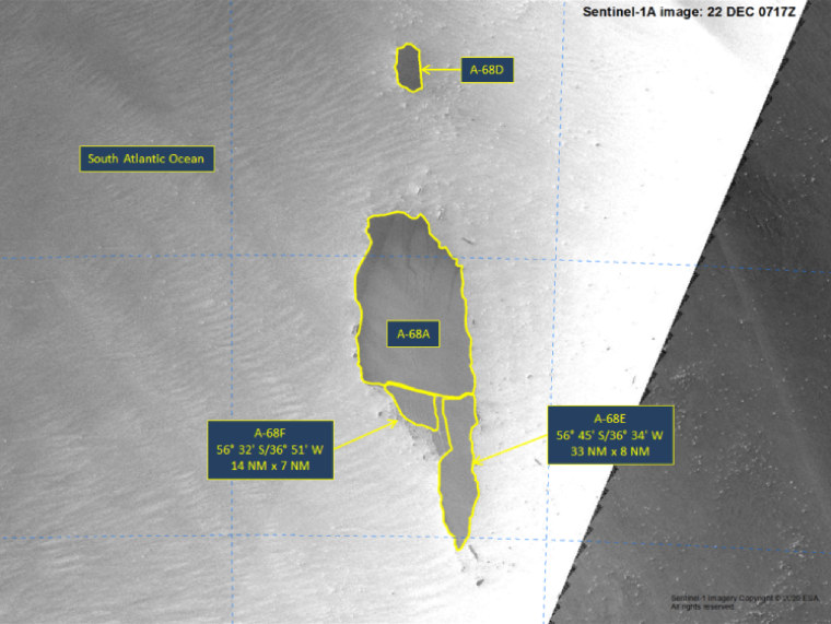 Image of A68a iceberg disintegrating into three large fragments on Tuesday.