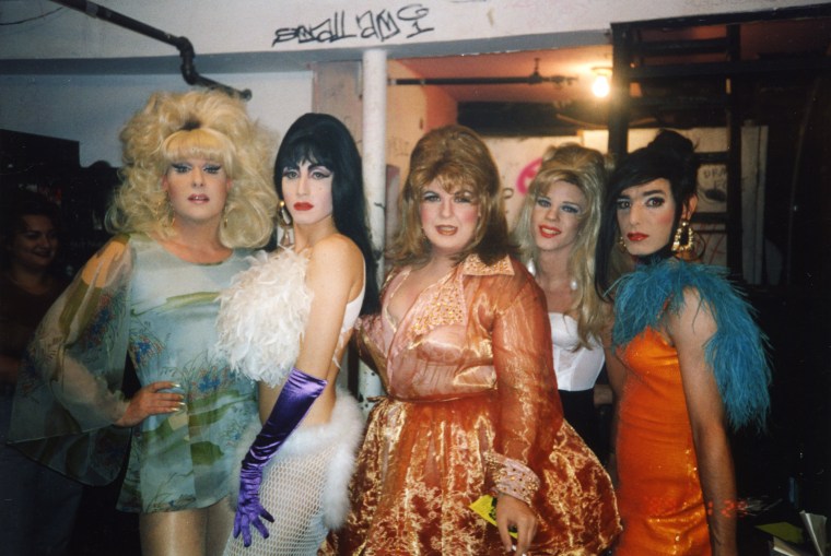Lady Bunny, Misstress Formika, Sweetie, Anna Conda and Tabboo! in dressing room at The Pyramid Club in 1992.