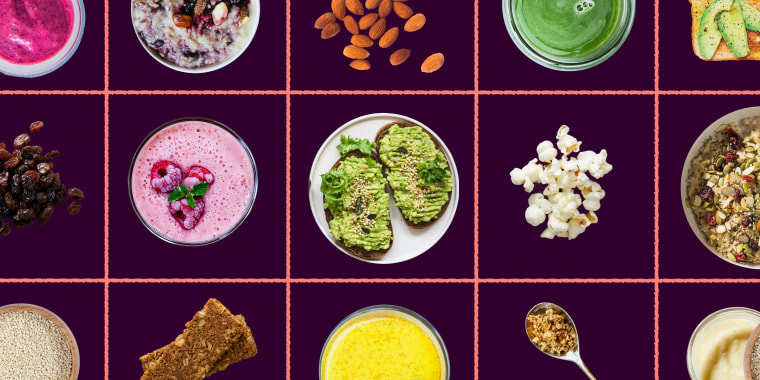 Photo illustration of foods like almonds, avocado toast, raising and smoothies over a flat color grid.