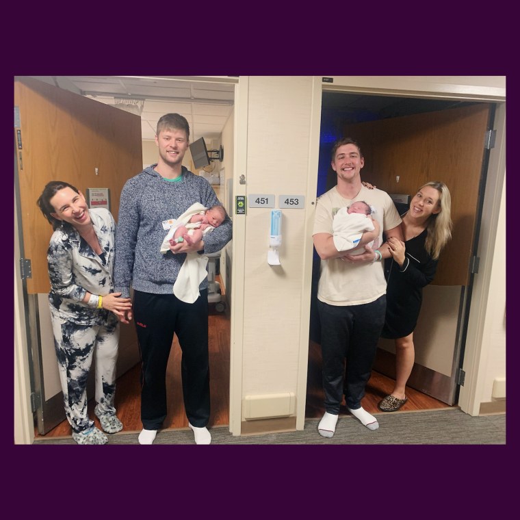 Ashley and John Carruth and Joe and Brittany Schille posed at the hospital with their newborn sons.