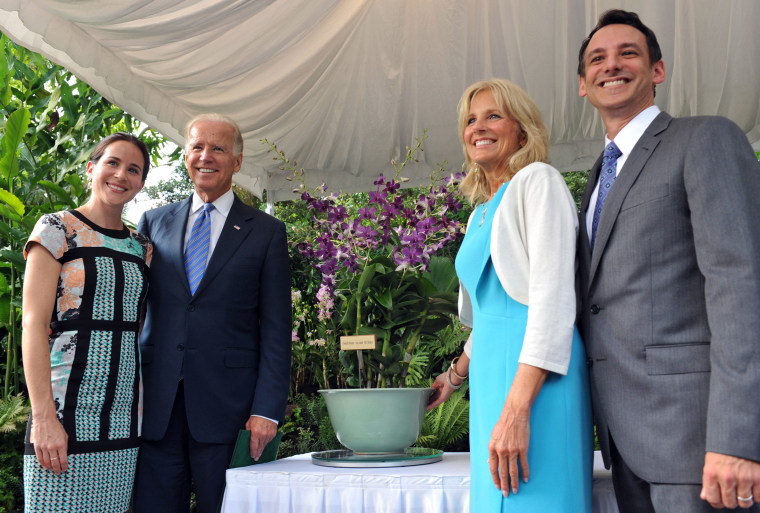 President Joe Biden stands with his daughter Ashley Biden, his wife Jill Biden and son-in-law Howard Krien