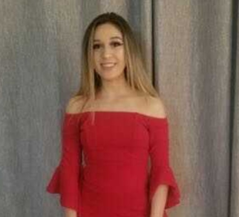 Photo of Sarah Simental, an 18-year-old girl, in a red dress.
